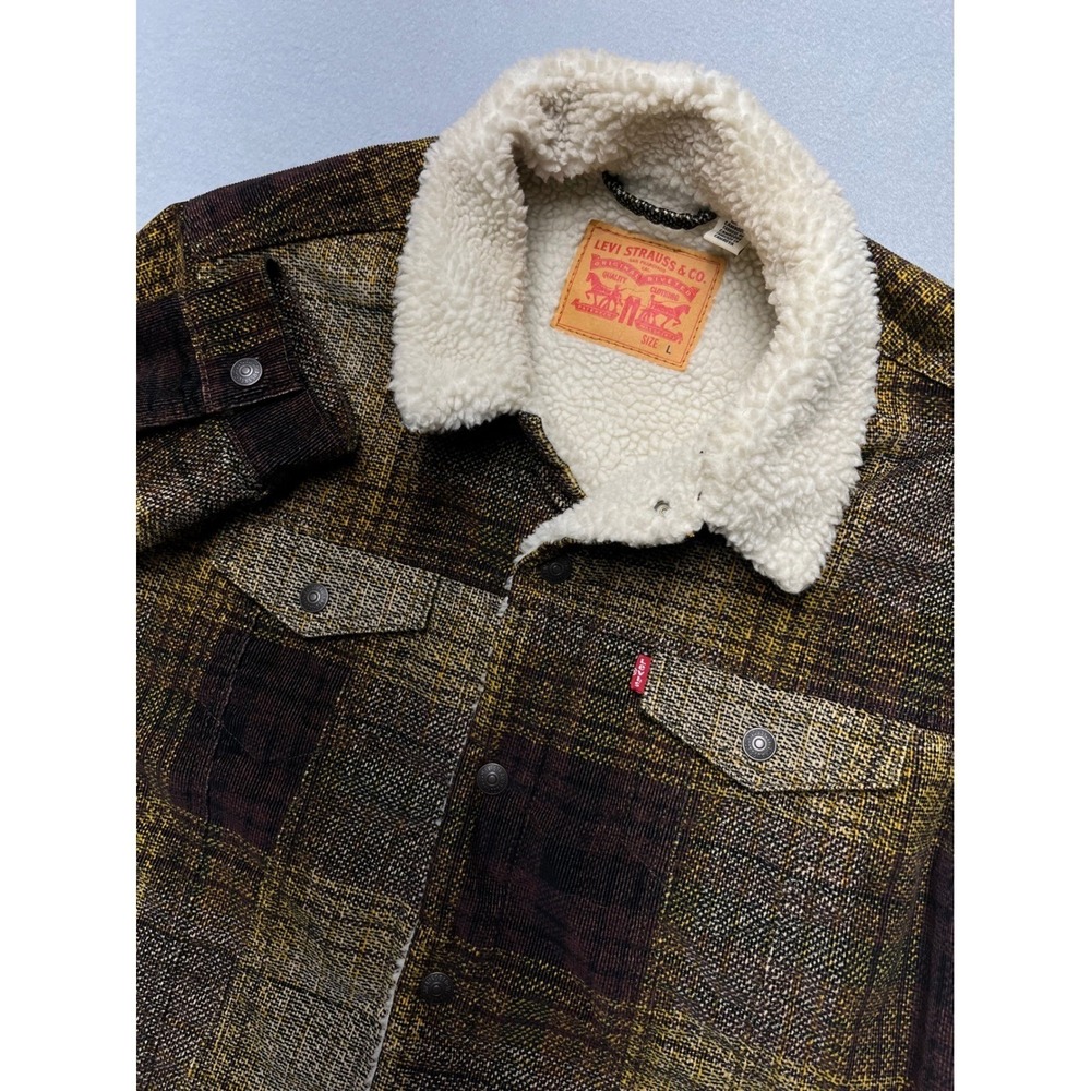 Levi's Sherpa Lined Plaid Trucker Jacket Men Large Brown Yellow Western Workwear